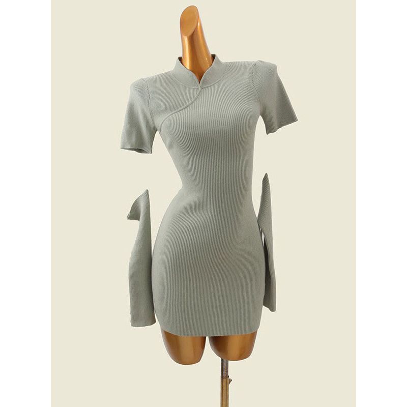 

New Chinese Style Improved Cheongsam Rib Hip Skirt Solid Slimming Pure Want to Split off Long sleeve Knitted dress Light green One size