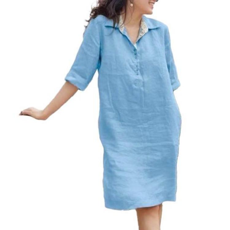 

Summer Casual Soft A-line Midi Dress Women Lapel Knee Length Loose Three Quarter Sleeves Solid Color Spring Summer Dress M небесно-голубой