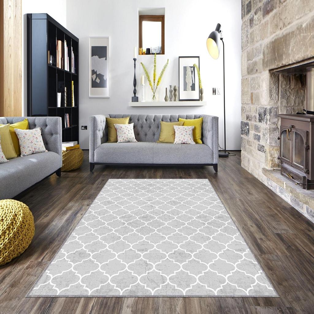 Gray Moroccan Pattern Area Rug - Machine Washable, Rectangular & Soft Carpet