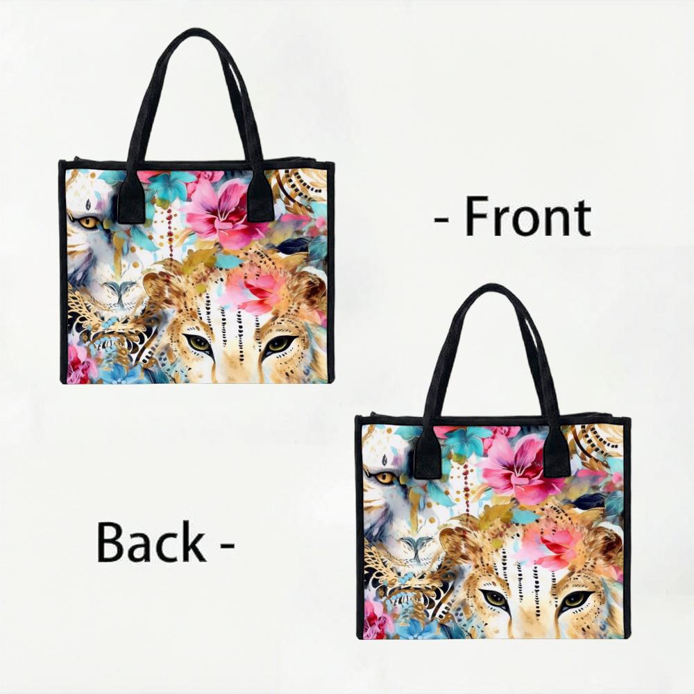 Floral Lion Pattern Tote Bag Fashion Large Capacity Shoulder Handbag for Daily Use