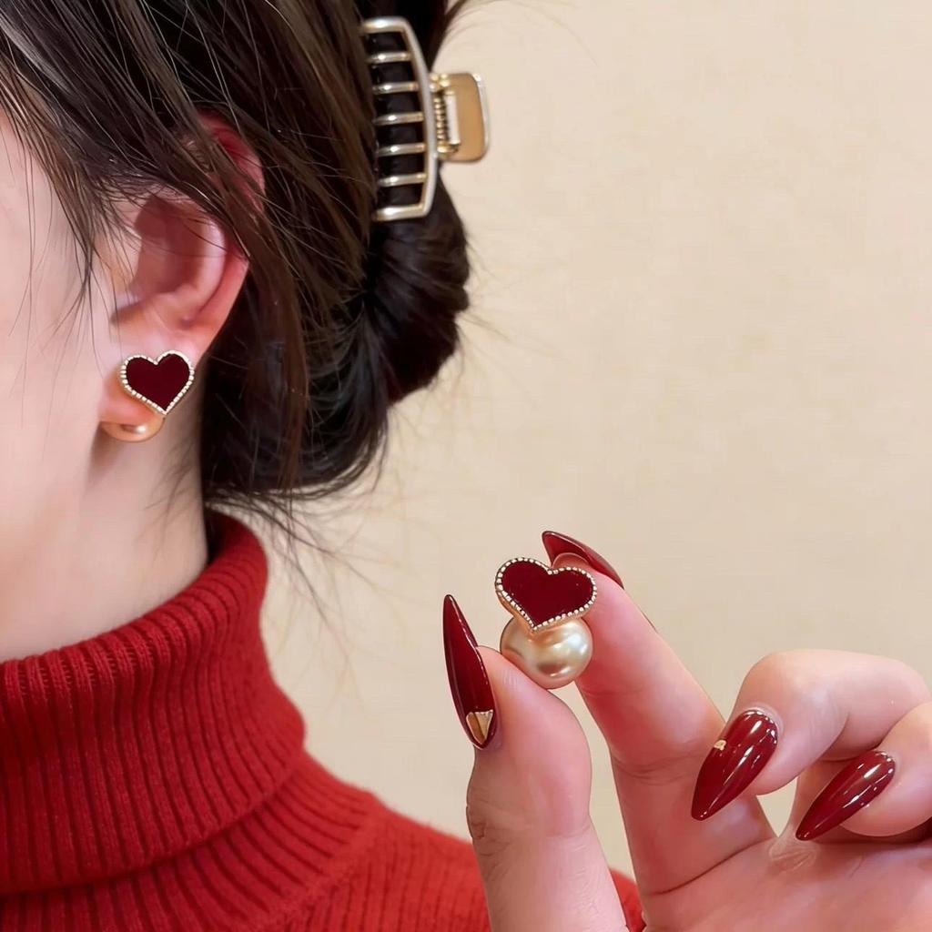 Elegant French Red Heart Pearl Stud Earrings - Versatile Two-Way Wear for Women