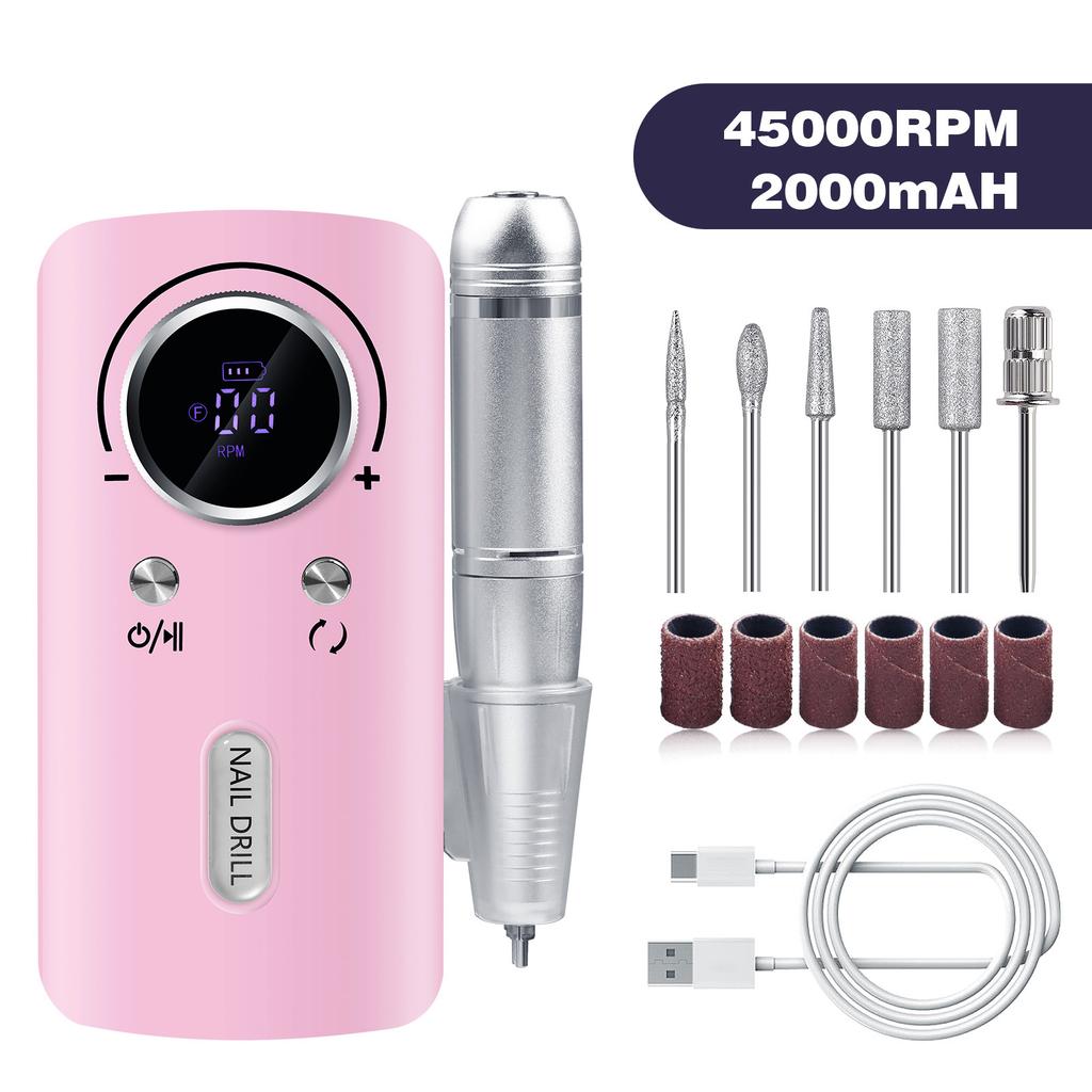 Professional Nail Drill Electric Nail File Manicure Pedicure Kit 45000RPM Portable with 6 Drill Bits for Salon and Home Use