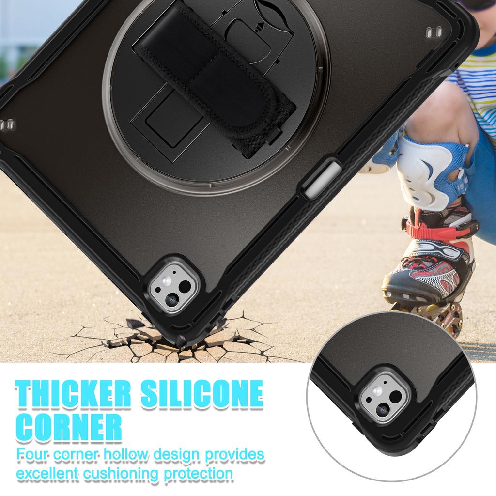 Kickstand Tablet Cases for iPad Pro 13 2024 Kids Friendly Pencil Holder Hand Strap Adjustable Shoulder Strap 360 Rotating Covers