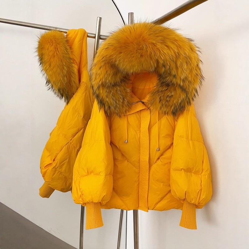 Womens Hooded Down Coat With Raccoon Fur Trim Knit Sleeve Loose Fit Mid-Length Warm Winter Jacket