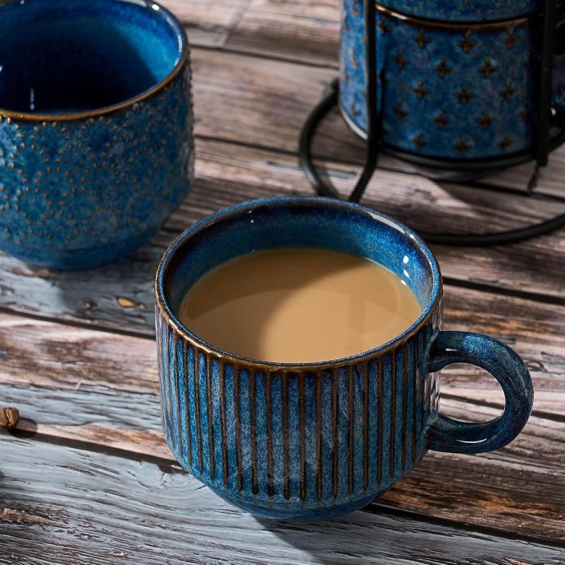 Großes Keramik-Kaffeebecher-Set mit Ständer, 15 oz Stapelbar Verschiedene Prägungen Geripptes Latte-Tassen-Set für Cappuccino