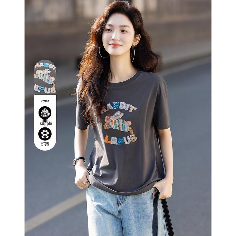 Demana Women s Rabbit Letter Sequin Short Sleeve T-Shirt S