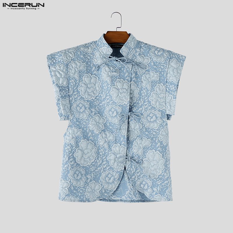 INCERUN Camisetas Casuales para Hombre de Verano Vintage de Manga Corta con Textura y Flores