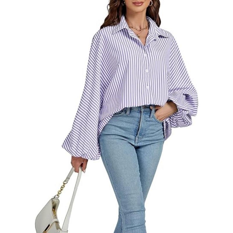 Women's Elegant Loose Casual Single Breasted Striped Shirt Lantern Sleeve Long Sleeve Lapel Shirt