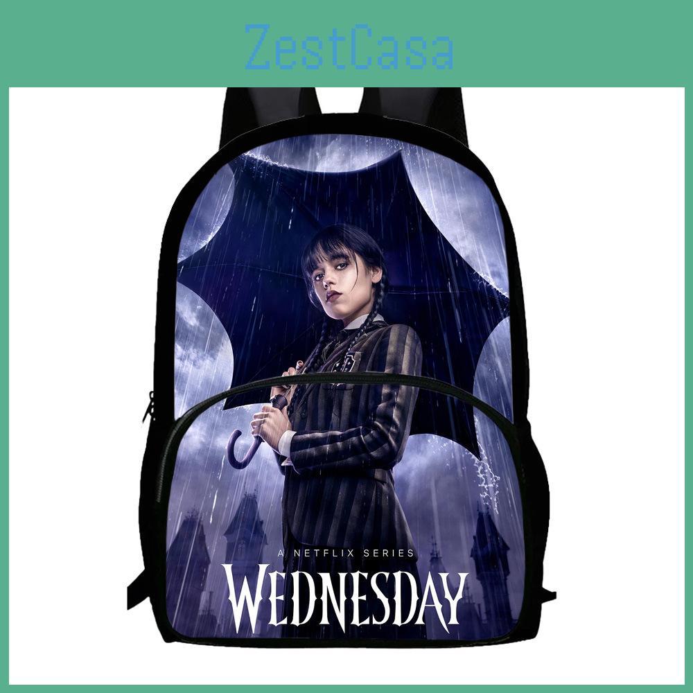 Oxford Kumaştan Erkekler İçin Geniş Kapasiteli Wednesday Addams Baskılı Okul Çantası