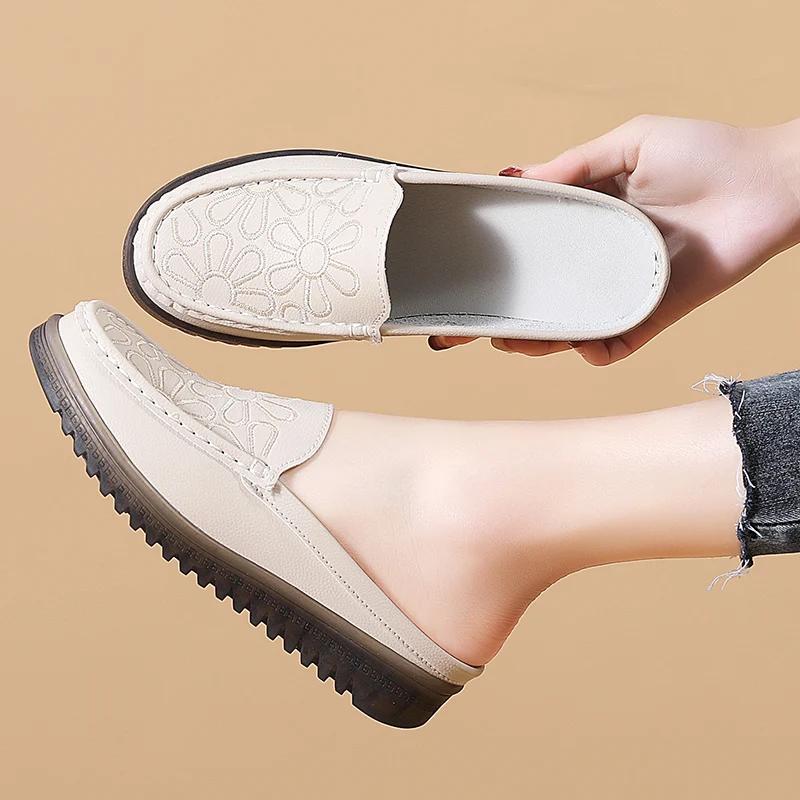 Flat Slip on Half Shoes for Women Slip-ons Flats Leather Casual Slippers Loafers Female Summer Sandalias De MujerChaussure Femme