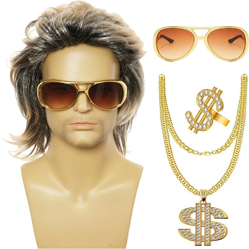 Men's 80s Disco Costume Accessories Set Women Hippie Costume Set Curly Wig Necklace Sunglasses for Disco Theme Party