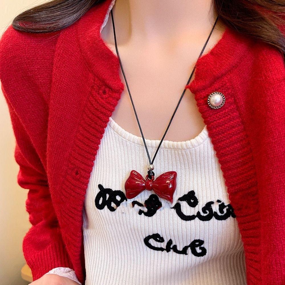 Heart Pendant Personalized Gifts Christmas Red Bow Sweater Chain Trendy Necklace  For Women Girls