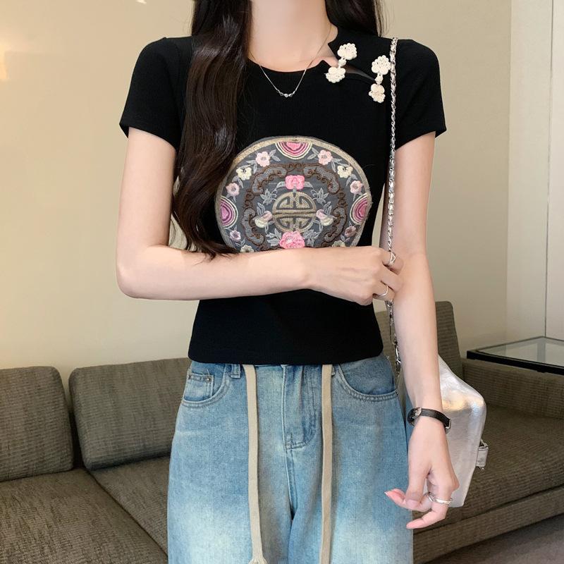 New Chinese Style Chinese Style Folding Round Neck Embroidered Pullover Short-sleeved Women's Summer New Slim Fit and Slim Top