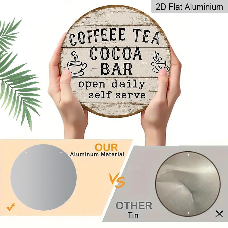 2D Flat, 1pc 7.87x7.87 Inch Round French Aluminum Sign, Vintage Decorative Plaque for "Coffee Tea Cocoa Bar", "Coffee Bar" Decorative Sign, Suitable