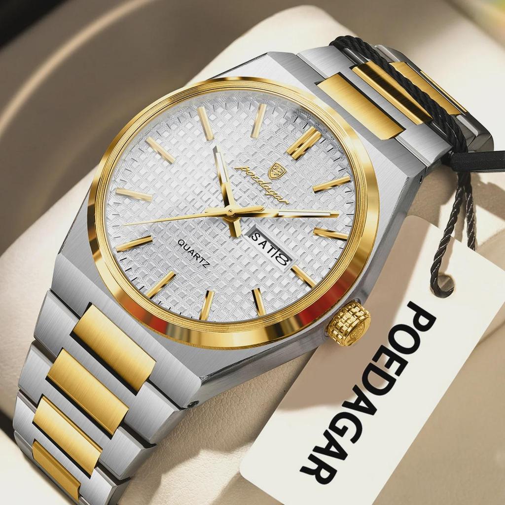 POEDAGAR Luxury Men Watch Date Week Waterproof Luminous Stainless Steel Watch For Man Casual Quartz Men's Watches
