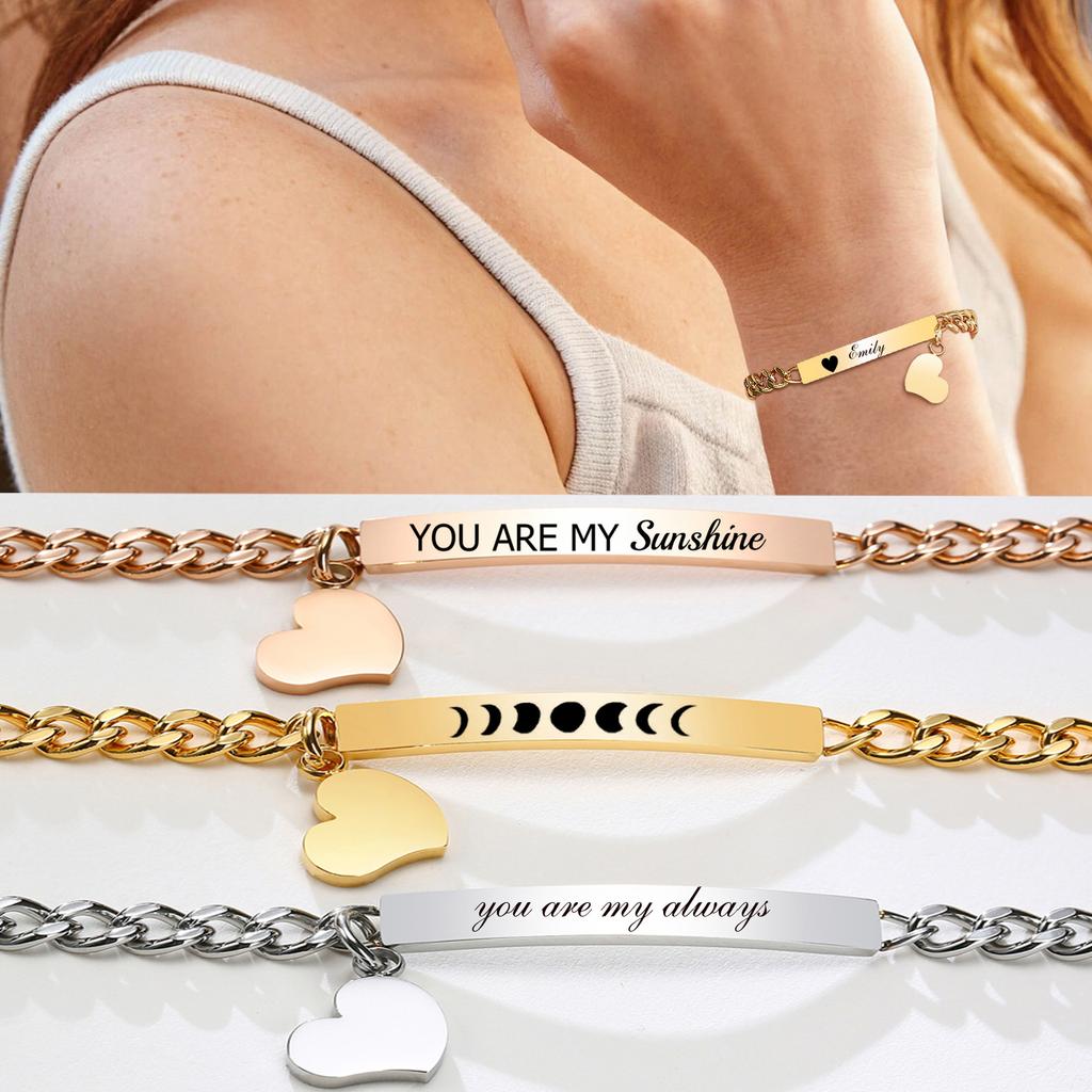 Customized ID Bracelet for Women, Stainless Steel Heart Bracelet,engraved Personalized Frienship Valentine's Day Gift