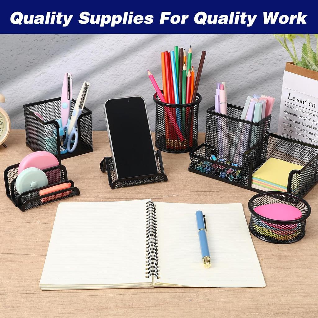 Mesh Pen Holder for Desk Pencil Holders 6 Pieces Desk Organizer Office Supplies Caddy with Sticky Notes Holder for Office School Home Black