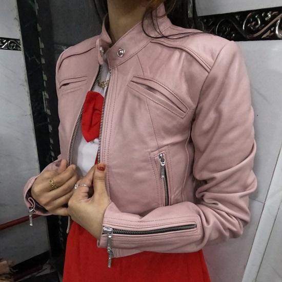 Noora Women's Lambskin Leather Cropped Jacket, Biker Crop Style Punk, Street, Club & Party wear Jacket BABYPINK