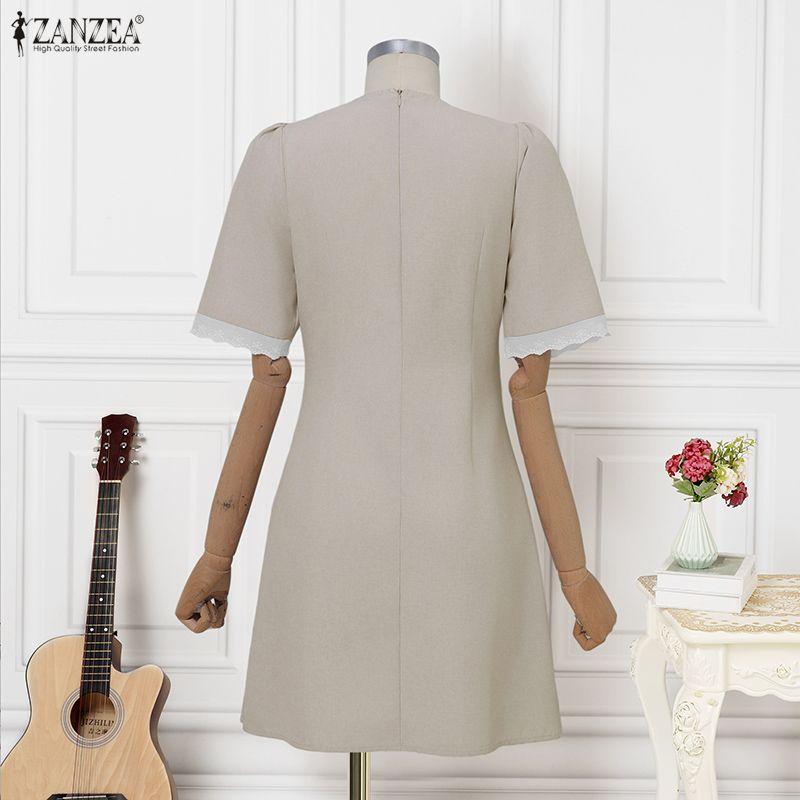 ZANZEA Women Casual Round Neck Short Sleeve Elegant Pleated Dress