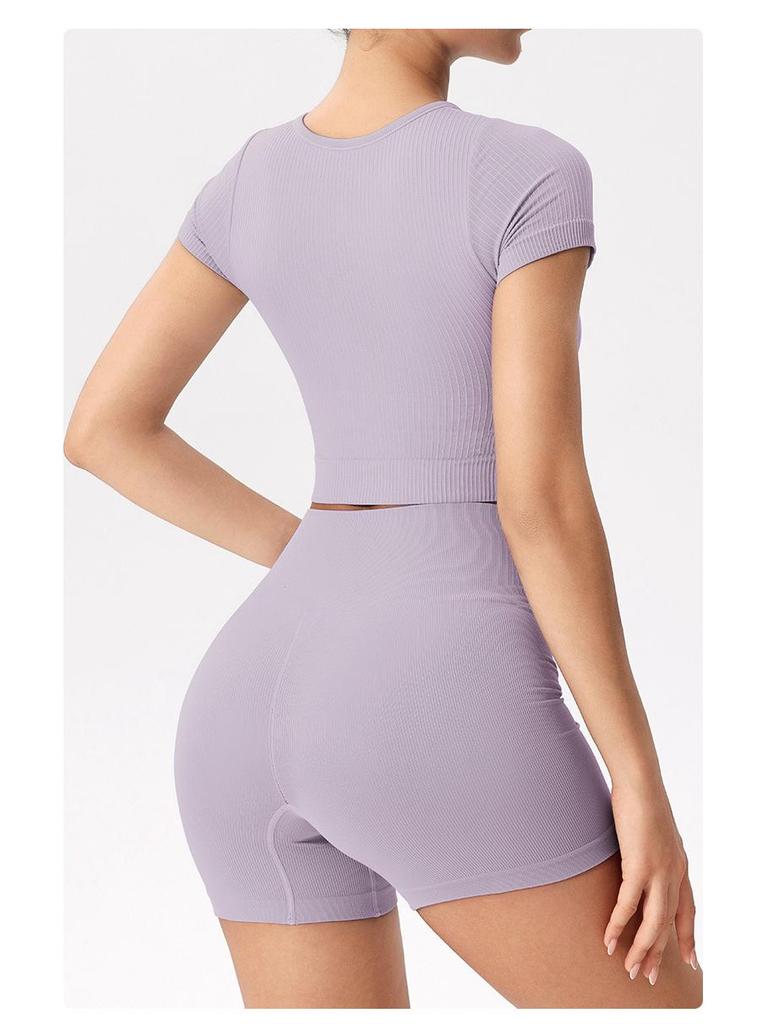 Seamless Women's Fitness Top with Built-in Chest Pad - Nude Feel Short Sleeve for Yoga & Running