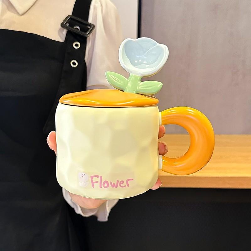 

Кружка Тюльпан с Крышкой и Ложкой, Высокий Внешний Вид и Милая, Домашний Офис, Девушка, Керамическая Чашка для Питья, Сувенир 450ML