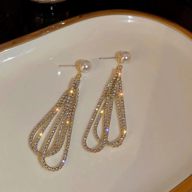 1 Pair Exaggerated Long Inlaid Rhinestone Water Drop Ladies Earrings Banquet Wedding Jewelry Gift
