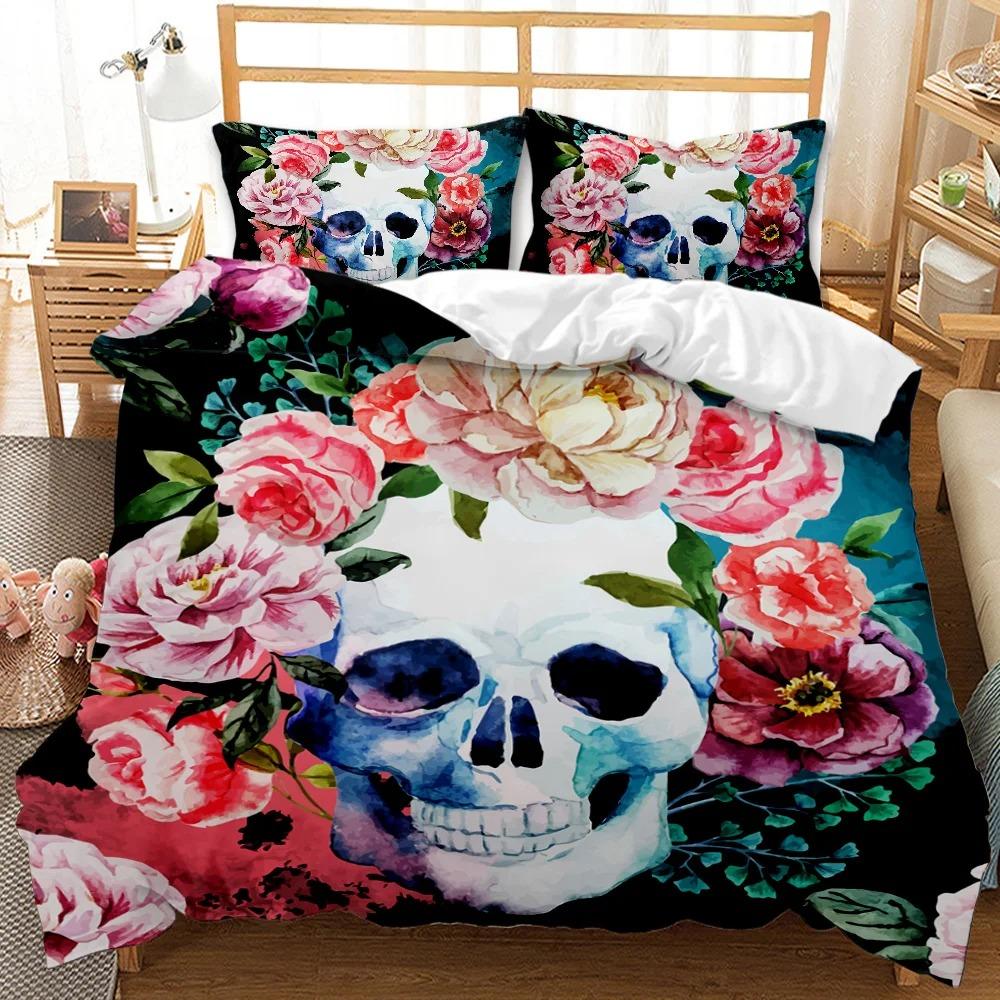 Halloween Skull Comforter Cover Collection Queen Dimension Size Black Gothic Skeleton Paisley Floral Sleep Bedding Collection Polyester Fabric