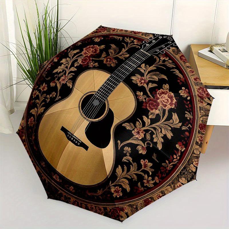 Floral Acoustic Guitar Wall Art: Harmony in Design Umbrella, Cute Umbrella with Cute Design, Portable 3-Fold Compact Umbrella for Men & Women, Valenti