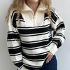 Ladies' Fashionable And Comfortable Half Zip Lapel Contrasting Loose Striped Knitted Top
