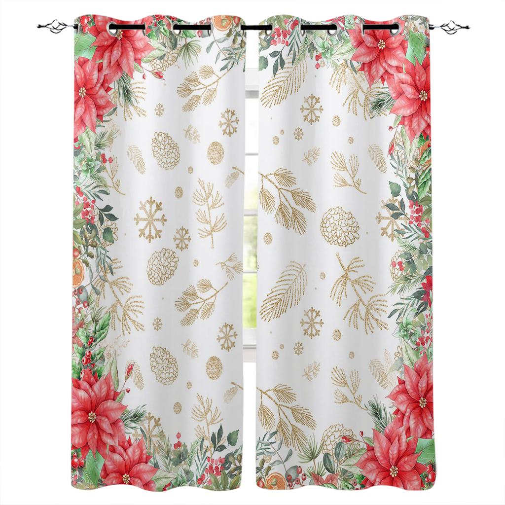 Christmas Flowers And Pine Leaves Blackout Curtains for Kids Home Decor Bedroom Living Room High Shading Window Curtains