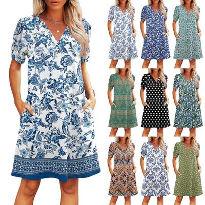 Robes d'été pour femmes à col en V, décontractées, de plage, à manches courtes, robes vintage à imprimé floral