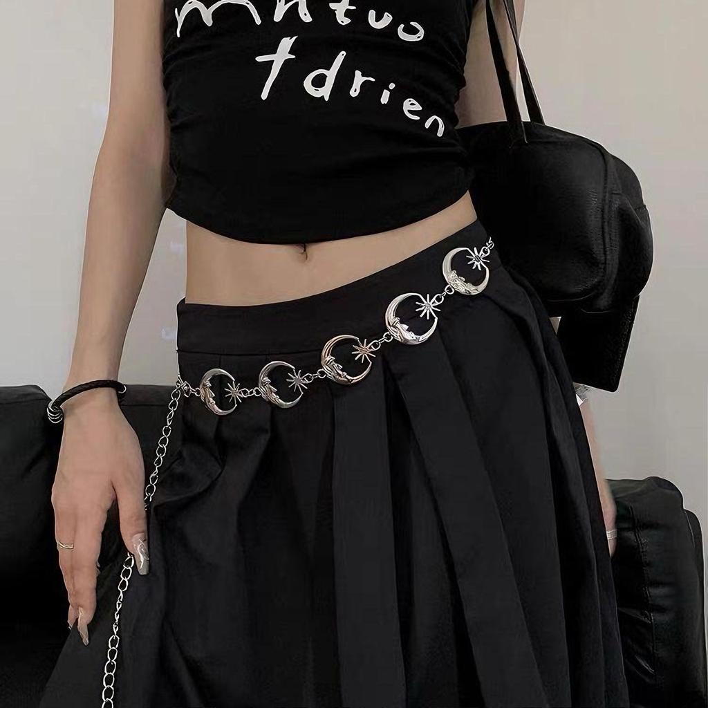 Vintage Punk Metal Chain Waist Belt for Women Sun Moon Butterfly Gothic Hip Hop Dress Jeans Waistband Long Fashion Accessory