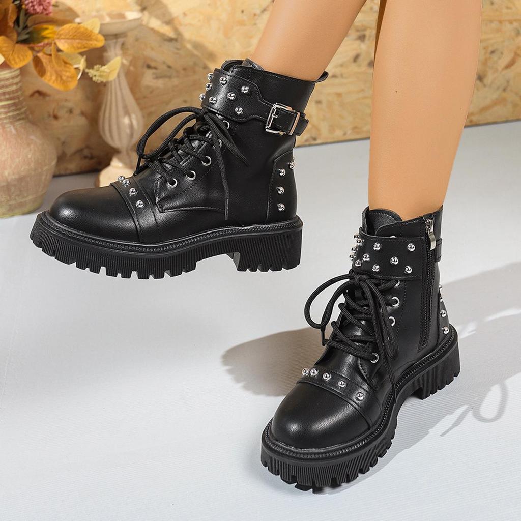 Women's Thick-Soled Martin Boots: 2025 Autumn/Winter Round Toe Lace-Up with Buckle, British Style