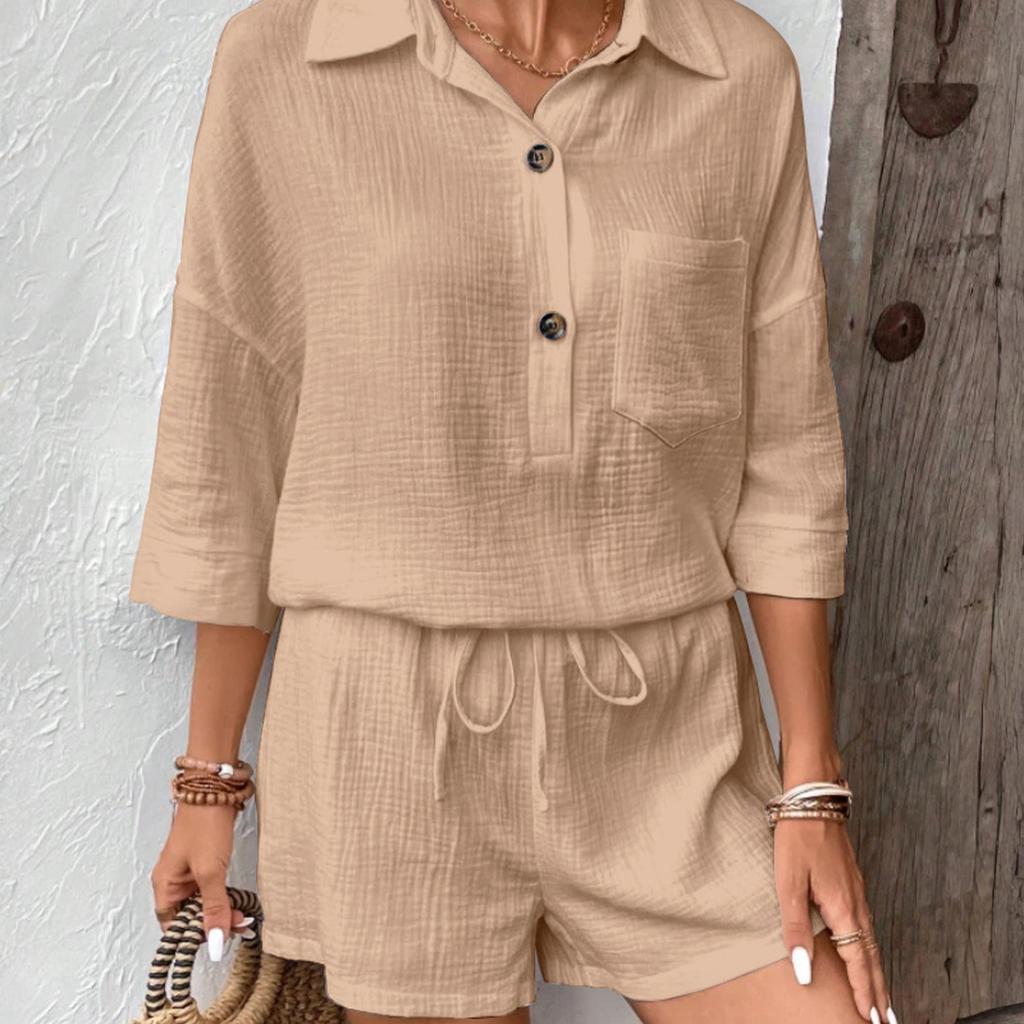 Women's  Color Casual Shirt Collar Casual Two-piece Set