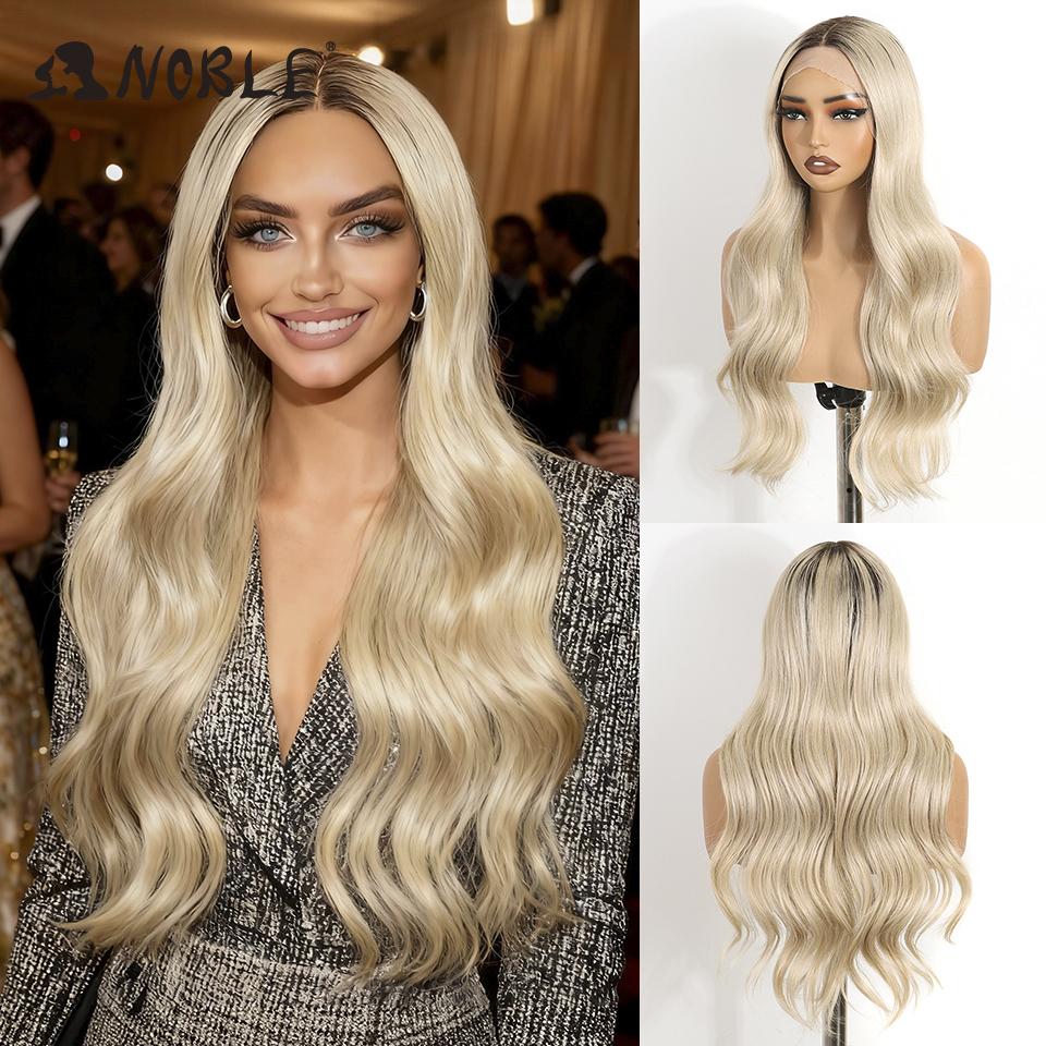 

Noble Synthetic Lace Front Wigs For Women 26 Inch Long Wavy Rooted Platinum Blonde Wig Highlight Lace Wig Cosplay Lace Wigs (as the picture,180%&26inches&full lace wigs)