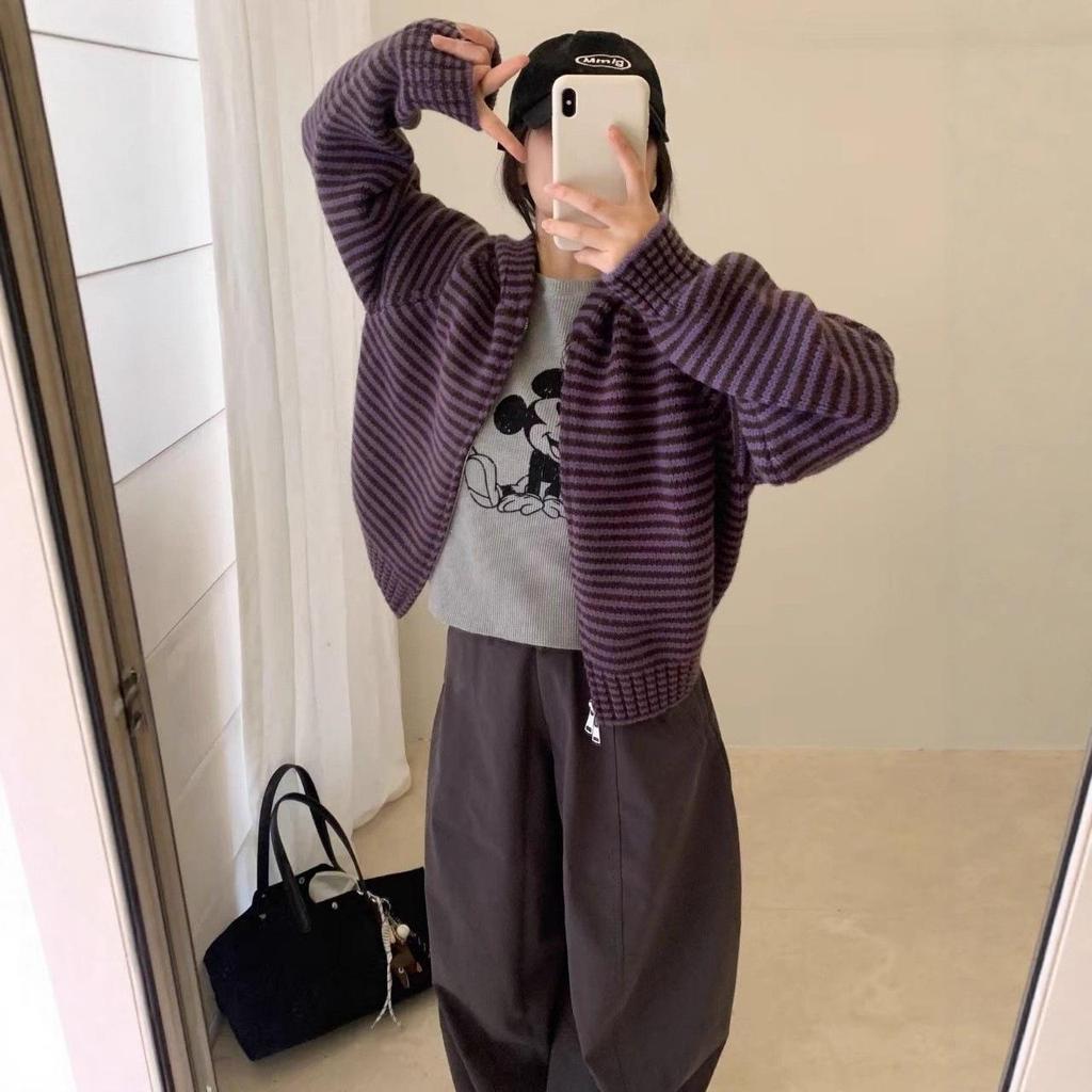 Korean Retro Color Block Stripe Zipper Hooded Knit Cardigan for Women - Autumn/Winter Loose Fit Sweater Jacket