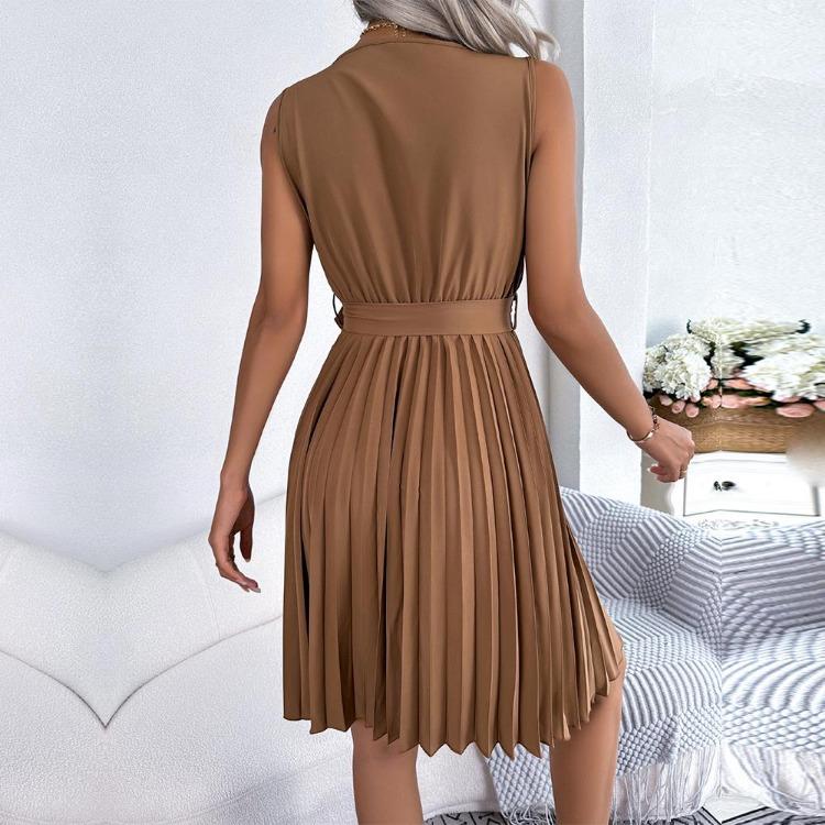 Chic Women's Summer Dress Cross V Neck Sleeveless High Waist Lace Up Solid Color Temperament Spring Fashion