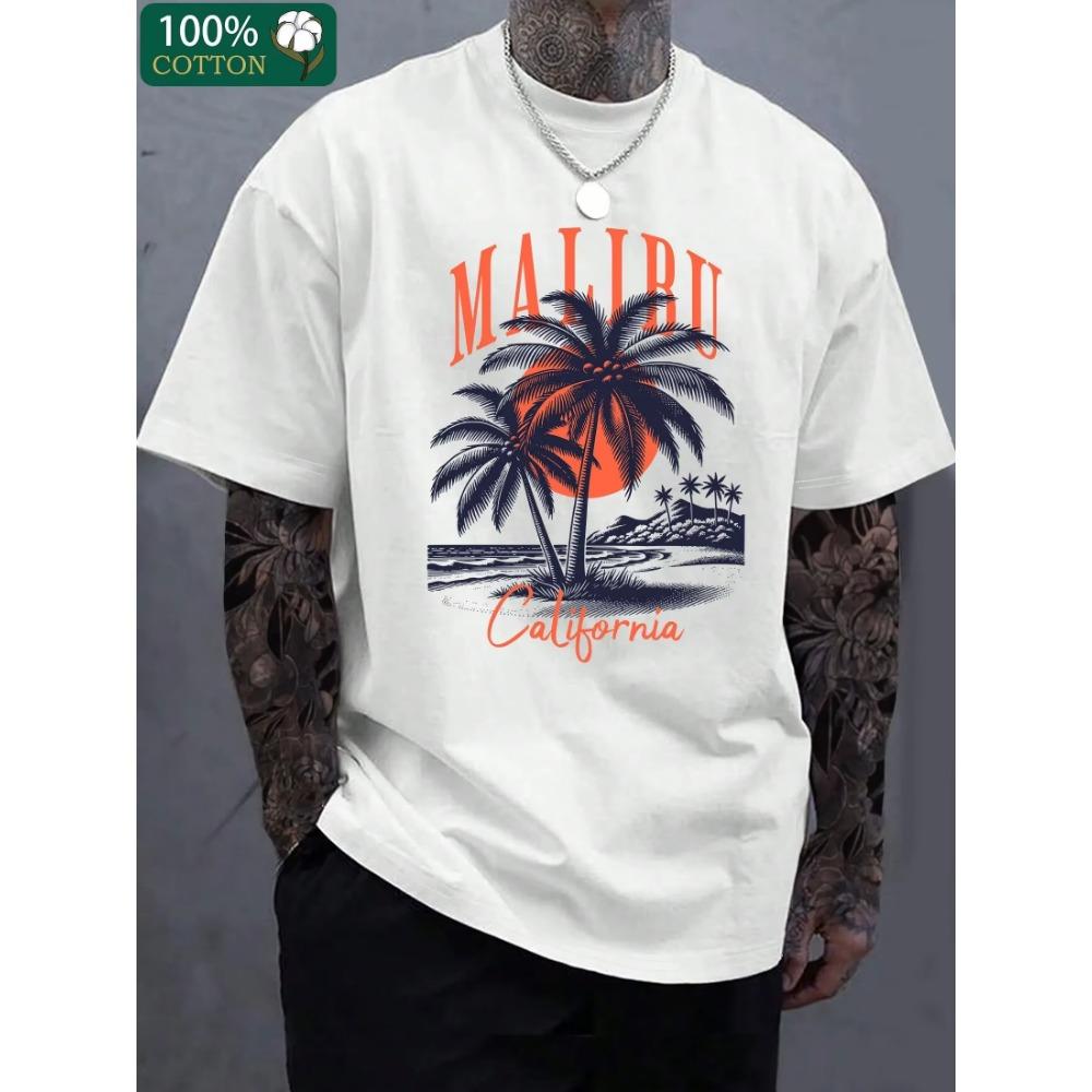 Men's Summer 100 Cotton Fashionable Casual Loose California Tropical Beach Pattern Printed Round Neck Short Sleeve T-shirt Top
