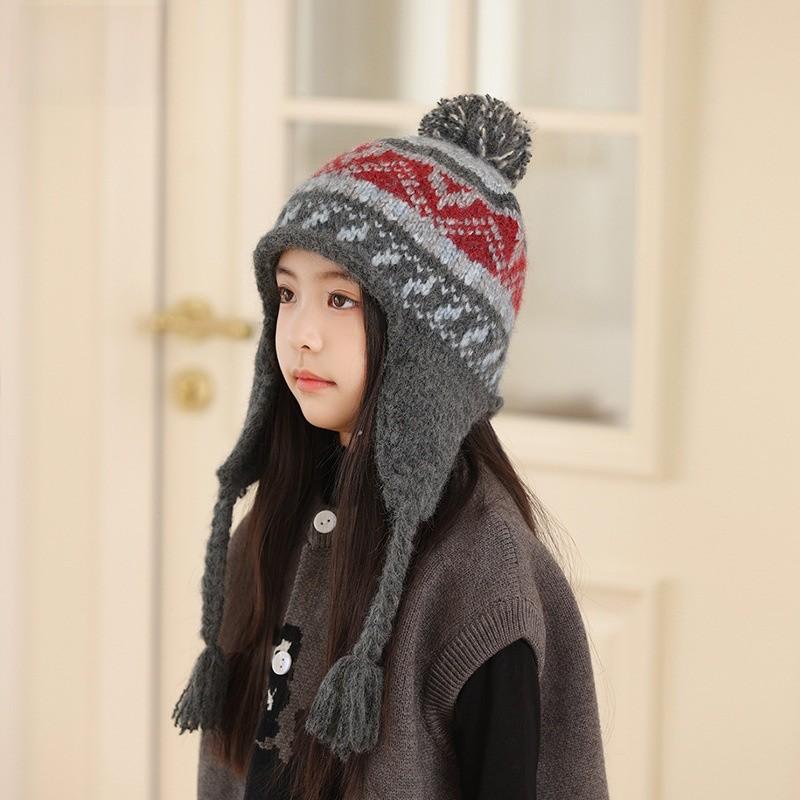 Kids Winter Knit Earflap Hat With Pom Pom For Outdoor Snow Play And Cold Weather