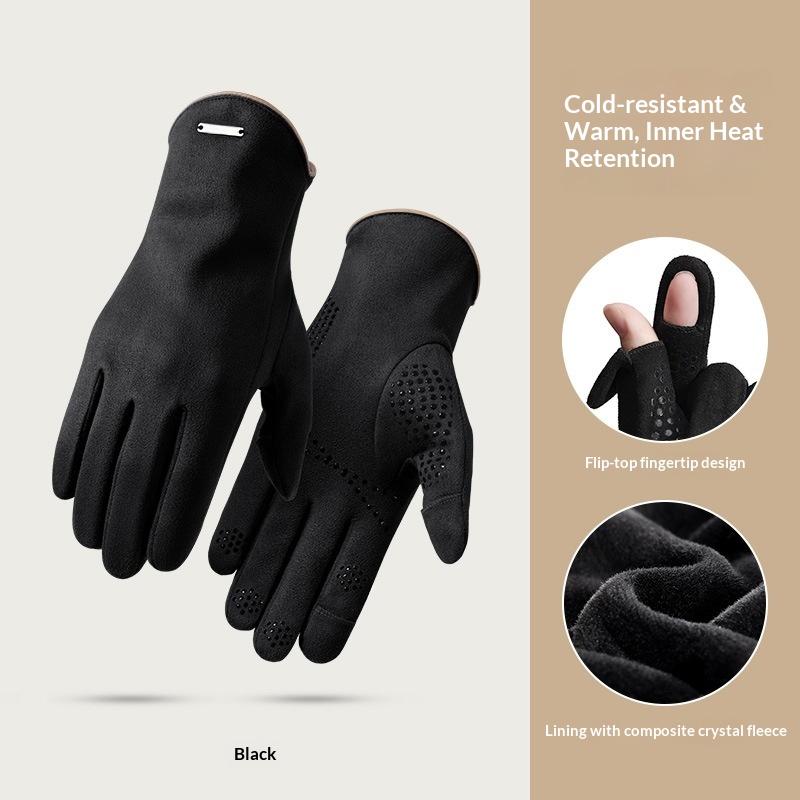 Perforated Grip Suede Leather Gloves Thermal Winter Full Finger Soft Touch Durable Eco-Friendly Skin Friendly for Driving One Size чёрный