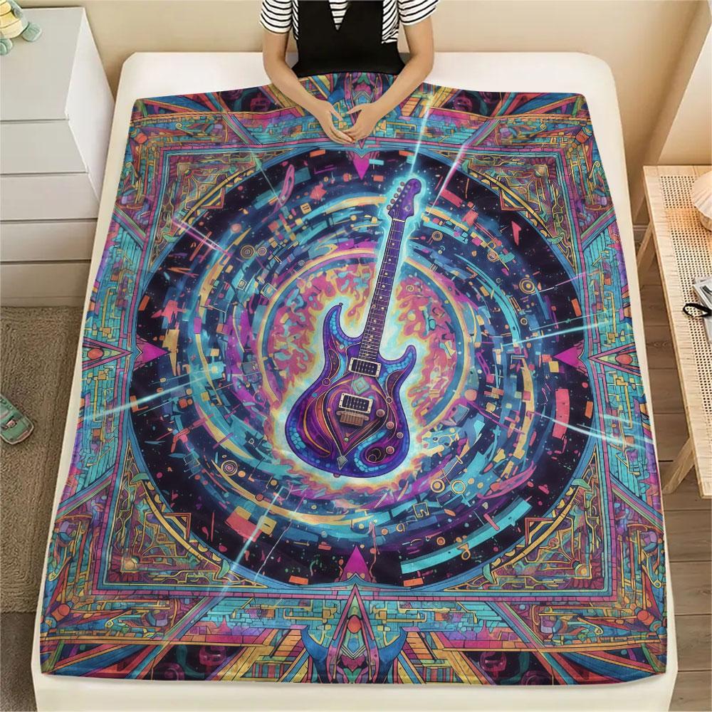 1Pc Vintageguitar Print Flannel Blanket, High quality Comfortable for All Seasons, Home Decor, Warmth and Comfort, Perfect for Christmas Gifts