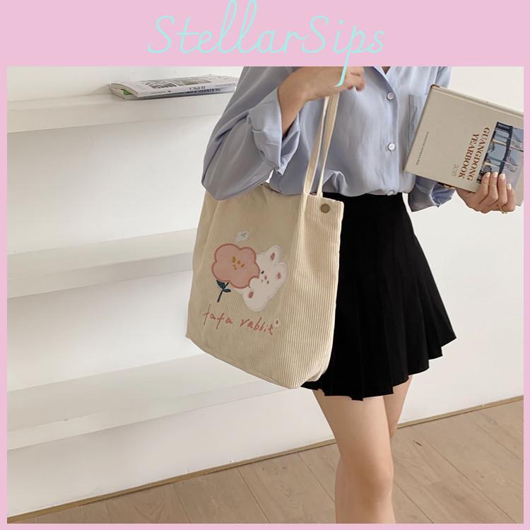 Adorable Floral Embroidered Corduroy Shoulder Bag Sweet Japanese Tote For Students