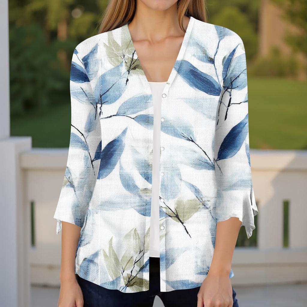 Women's Casual V Neck Loose Fit Blouse Seven Quarter Sleeve Floral Print Button Front Ruffle Sleeve Shirt