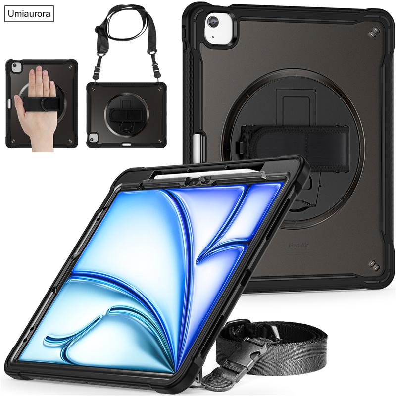 For IPad Air 4 5 10.9 Mini 6 Pro 11 12.9 13 Inch M2 M4 2022 2024 Tablet Case Rotating Hand Strap Stand Shockproof PC Armor Cover