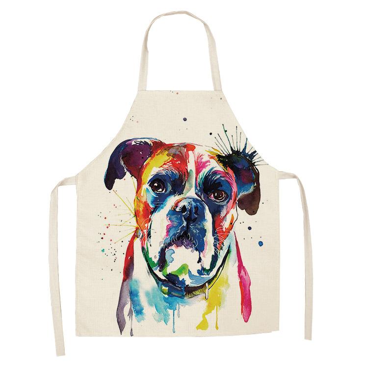 1 Pcs Cotton Linen BullDog Dog Print Kitchen Aprons Unisex Dinner Party Cooking Bib Funny Pinafore Cleaning Apron