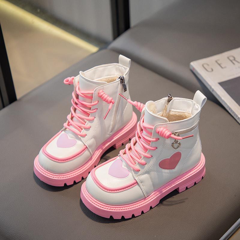 Girls Fashion Boots Kids Rubber Boots Cool Autumn and Winter Cotton Soft Sole Pink with Love Side Zip Children Princess Boots PU