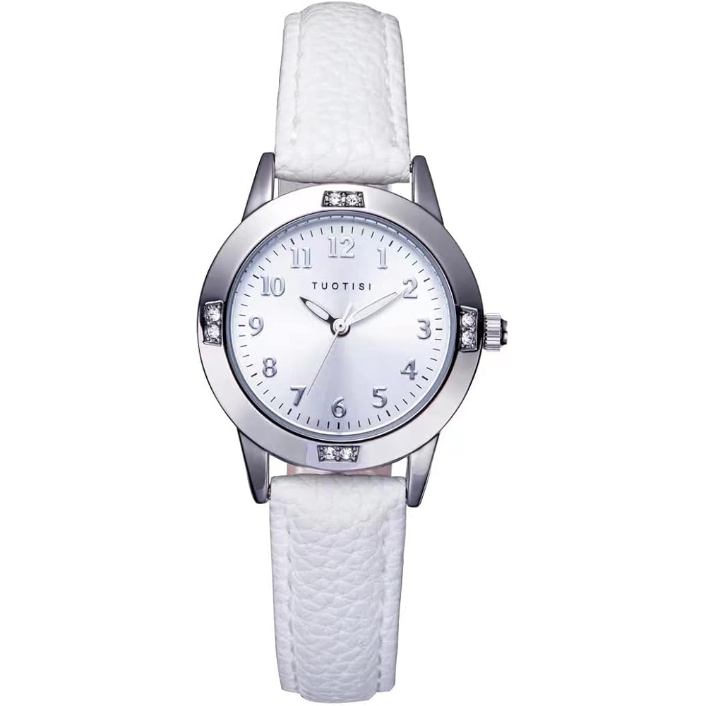 Girls Quartz Round Face Watch with Arabic Numerals Analog Daily Waterproof for Women and Students White