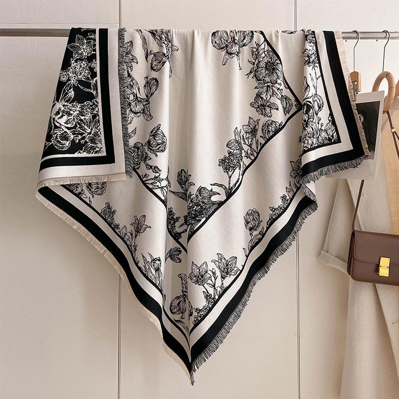 Korean Version Of Iris Printing Large Square Towel Thickened Double-Sided Imitation Cashmere Decoration Cape To Keep Warm And Keep Out The Cold
