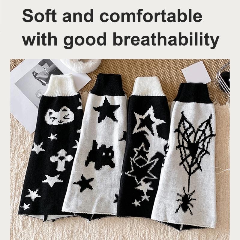 Reversible Knitted Long Tube Leg Warmers with Cute Cats Pattern for Women Punk Grunge Flared Boot Covers Footless Socks