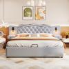 180x200cm Flat Bed, Upholstered Bed, Integrated Headboard, Hydraulic Lifting Mechanism, USB Connection, Two Bedside Lamps, Large Storage Space, Grey,